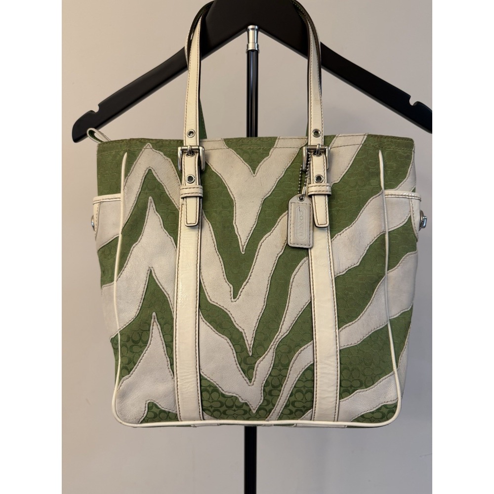 Coach Green And White Zebra Stripe Tote